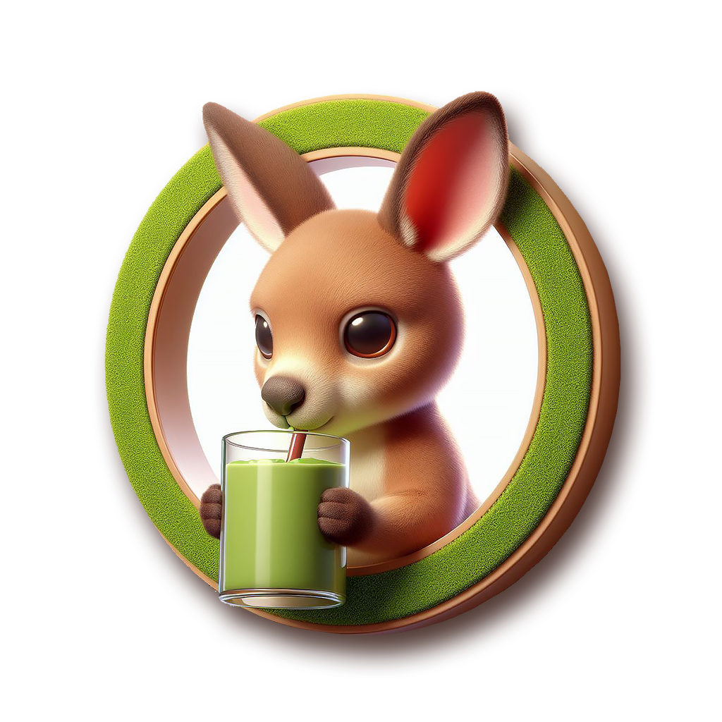 Matcharoo mascot, baby kangaroo, drinking matcha