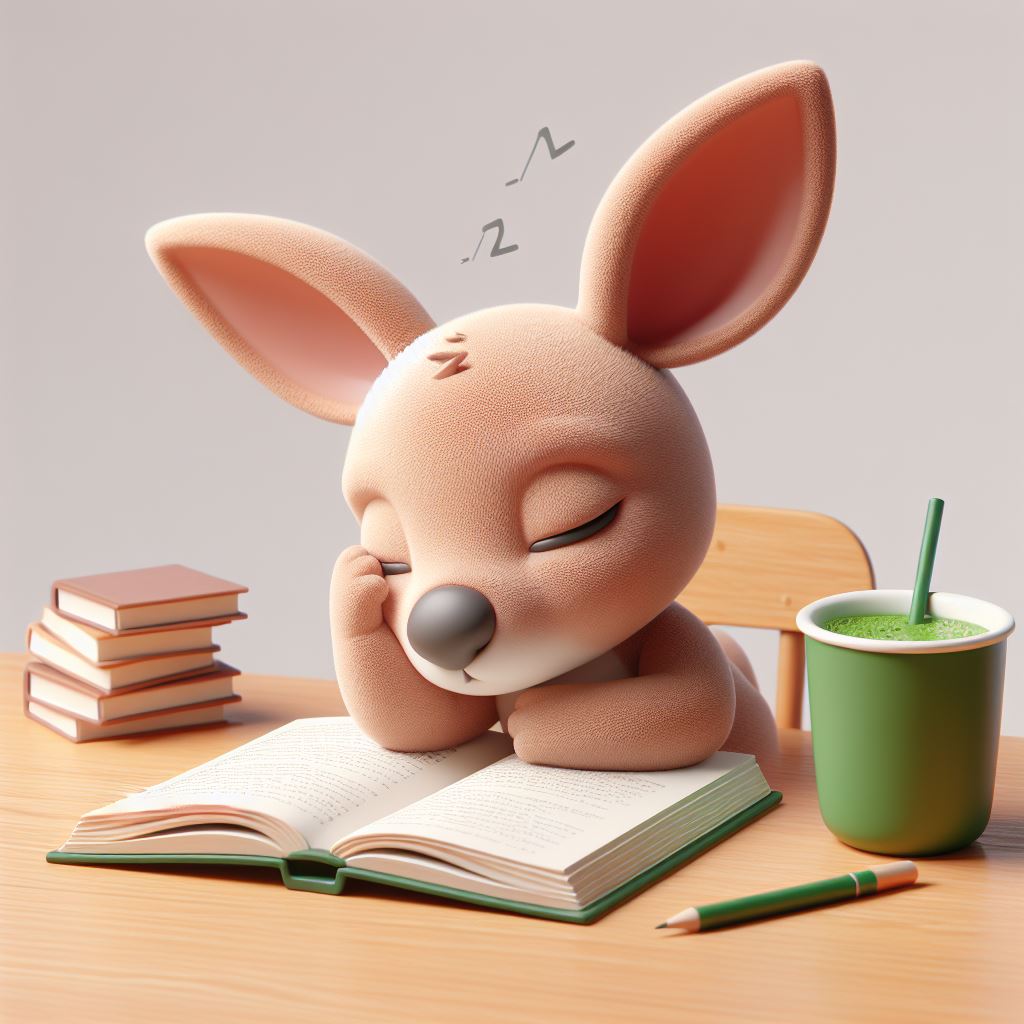 Matcharoo mascot, baby kangaroo, sleeping at the desk with a book open