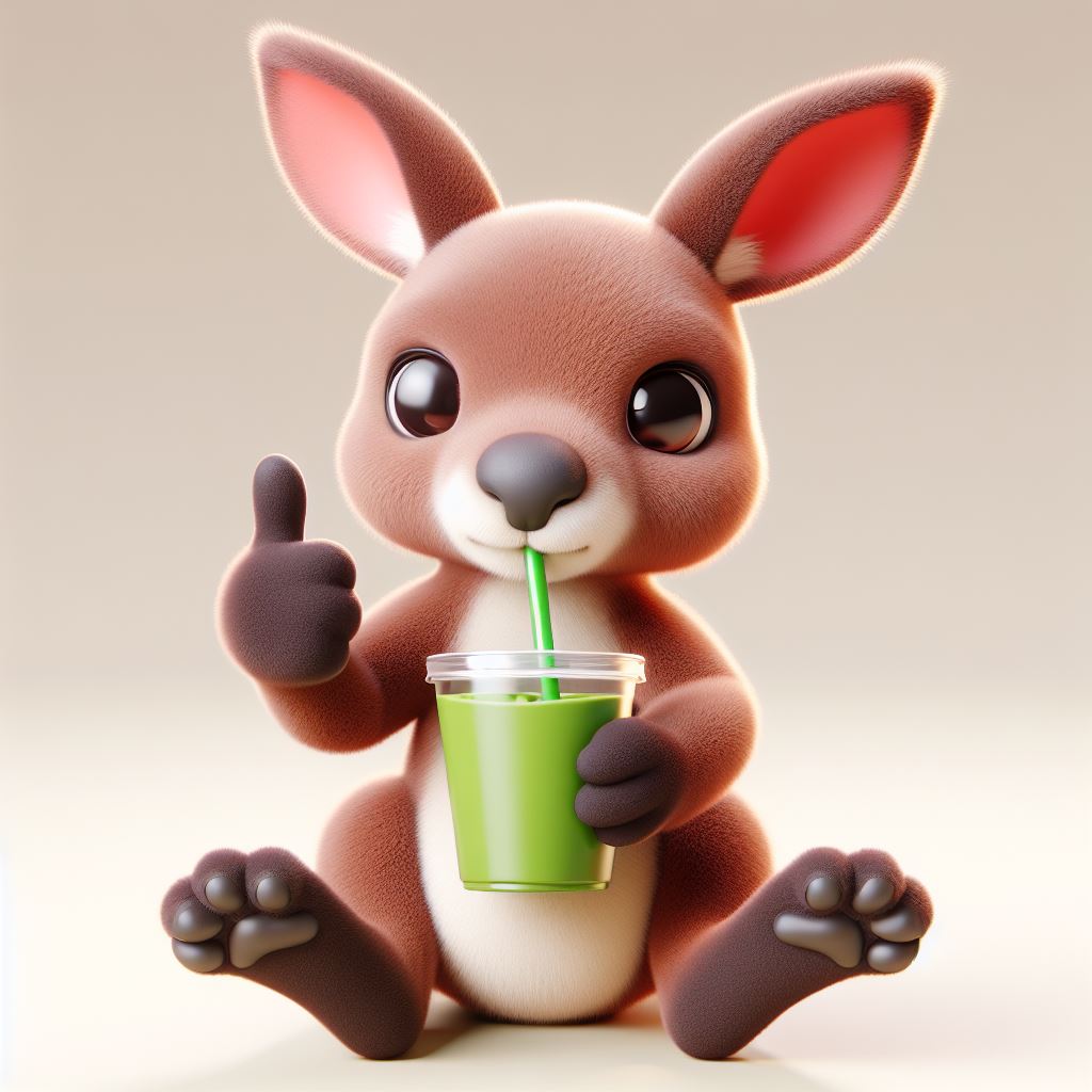 Matcharoo mascot, baby kangaroo, drinking matcha and showing the thumbs up sign