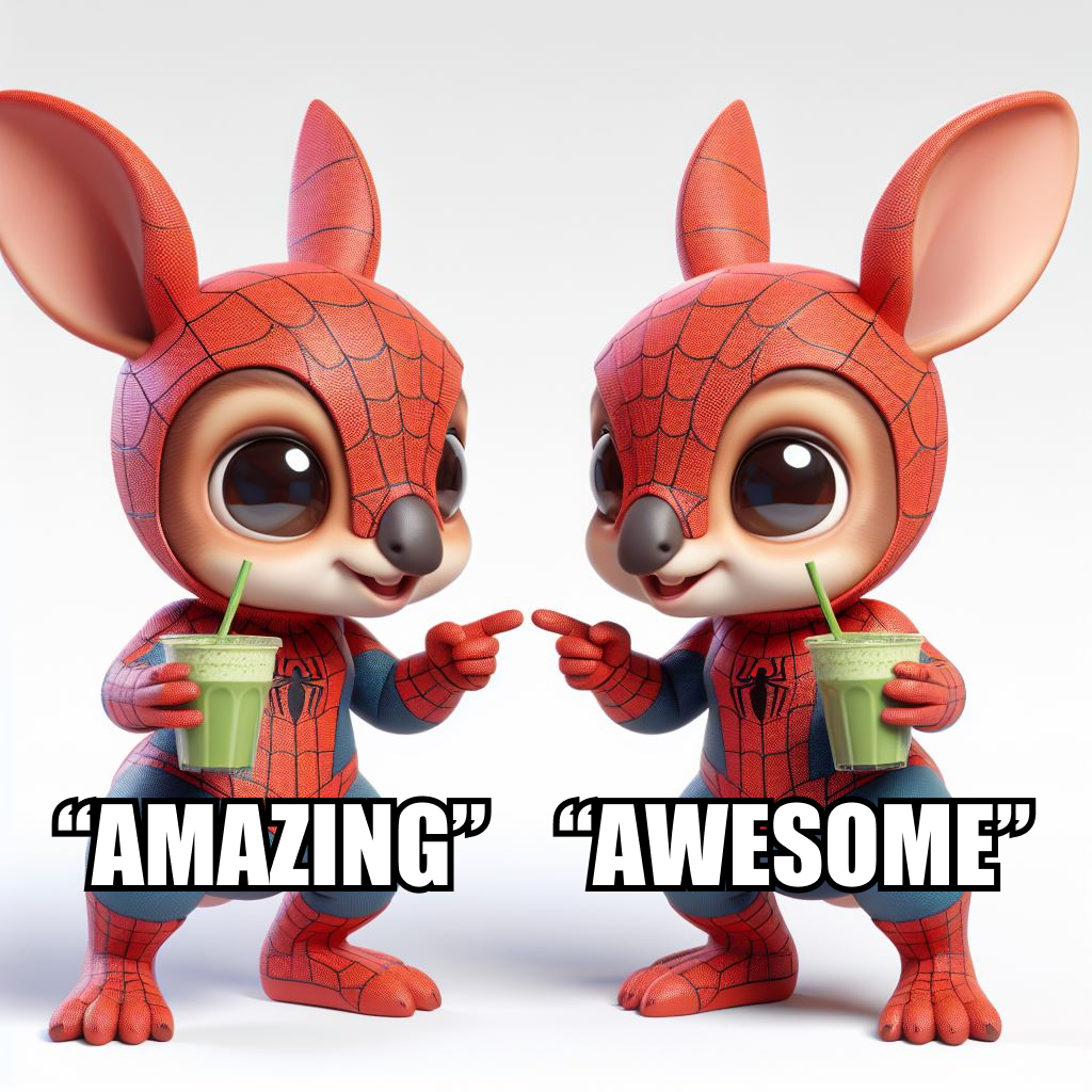 Two baby kangaroos representing the English synonyms "Amazing" and "Awesome" wear identical Spider-Man outfits and point at each other while holding matcha drinks